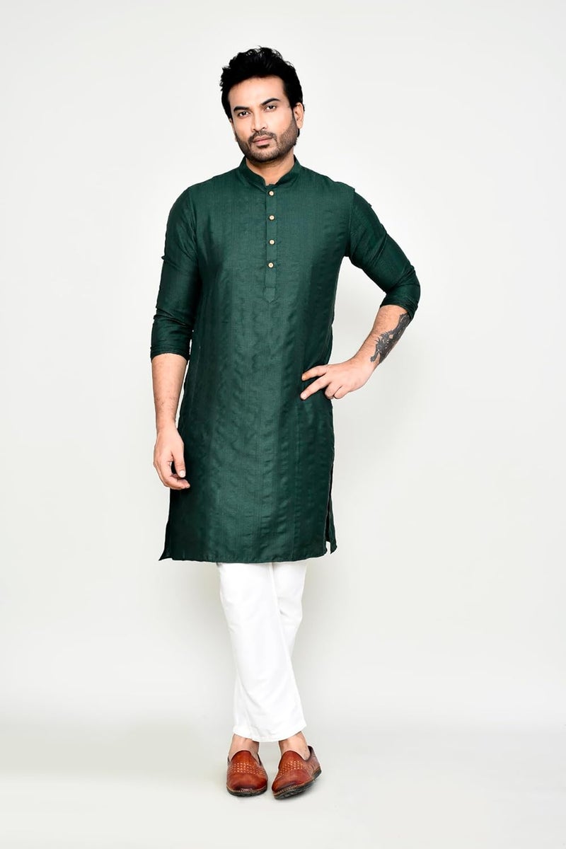 Polyfab Men's Cotton Jacquard Striped Kurta with Full Sleeves & Mandarin Collar - Image 4